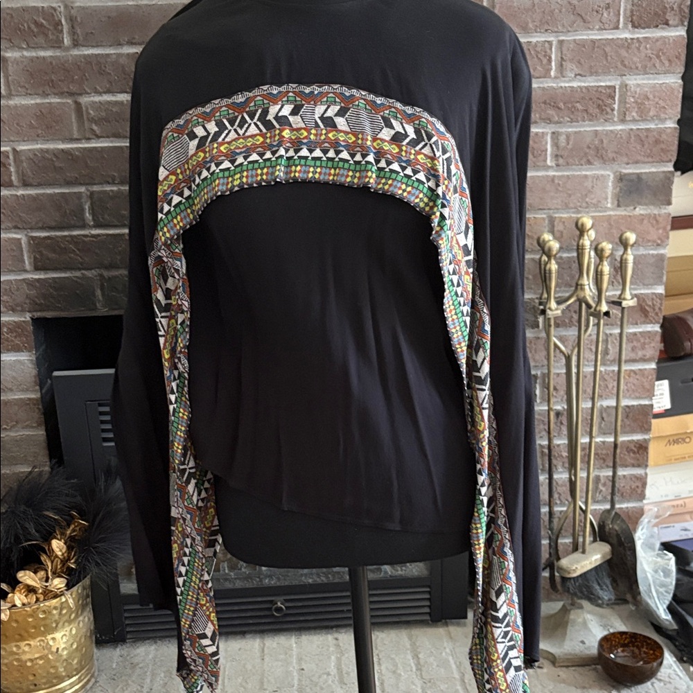 Camilla Black Open-Front Long-Sleeve Top with Multicolor Tribal Trim